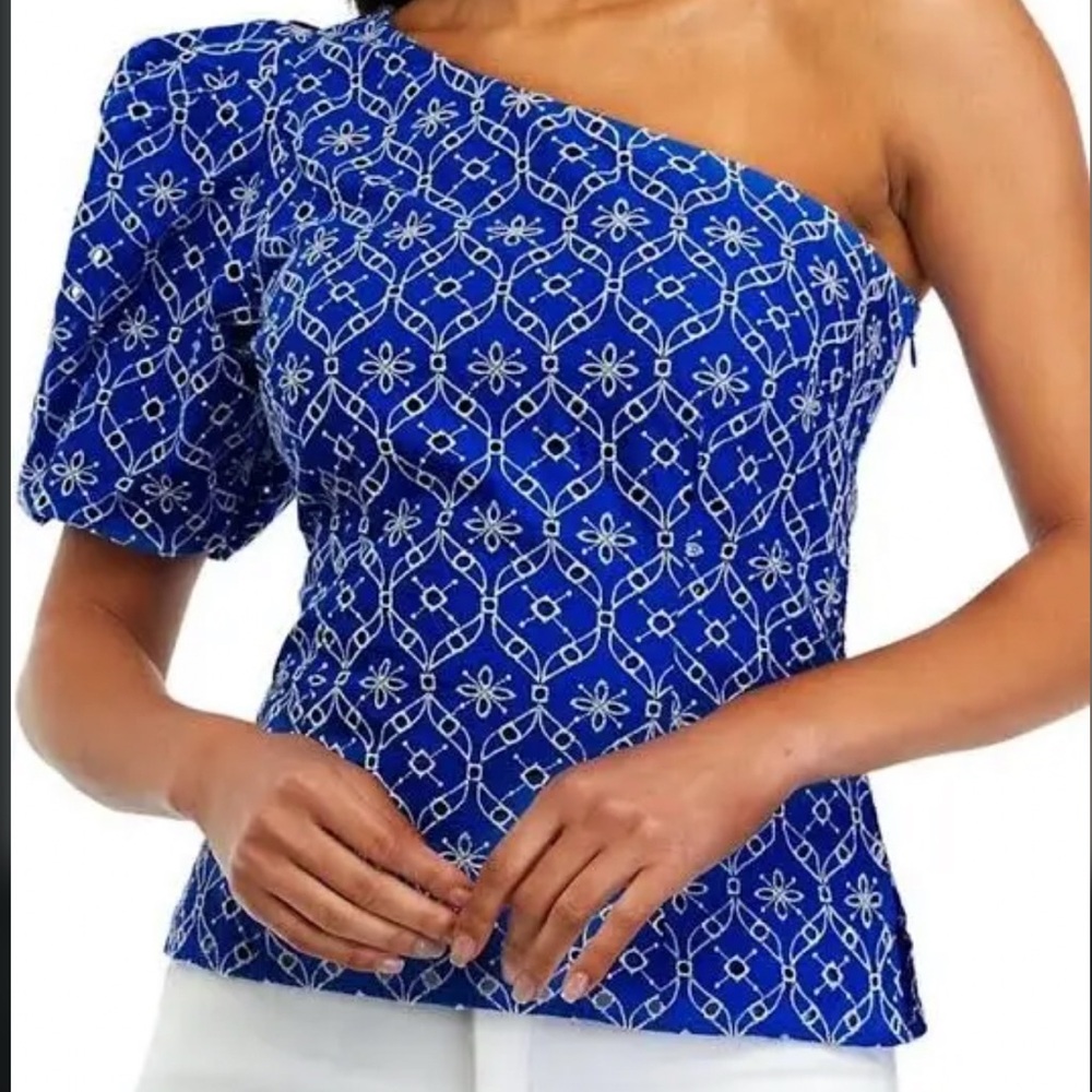 Lilly Pulitzer Blue and White Asymmetrical Puff Sleeve Blouse